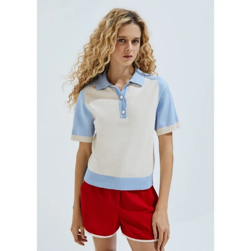 Blusa Polo Feminina Bicolor E Tricô - Azul P