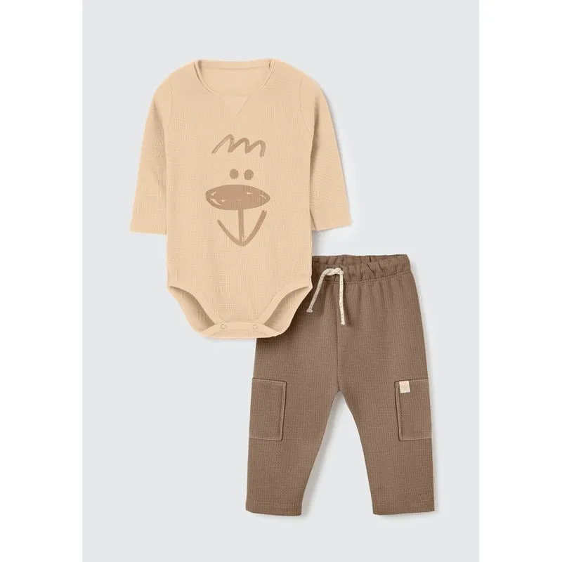 Conjunto Longo Bebê Menino Com Aplique - Bege 03M