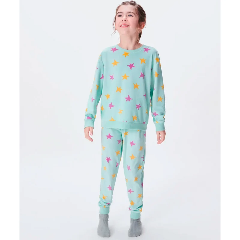 Pijama Longo Em Plush Hering Kids Feminino - Verde 14