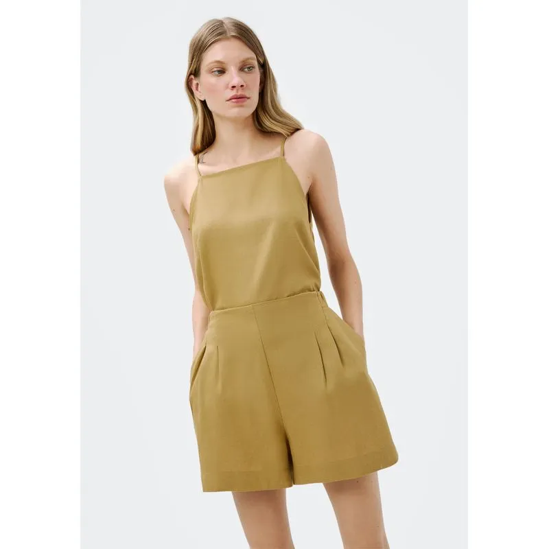 Shorts Feminino Cintura Alta Alfaiataria - Caqui G