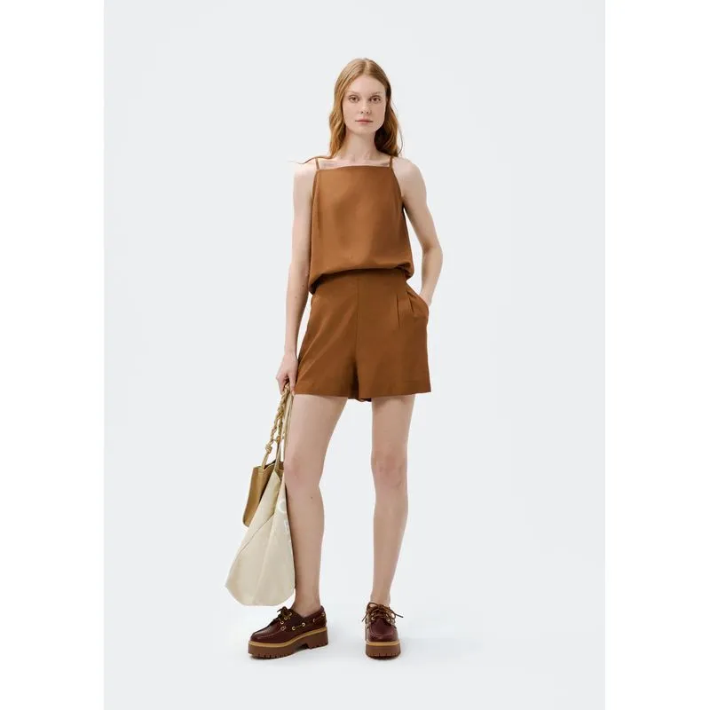 Shorts Feminino Cintura Alta Alfaiataria - Marrom G