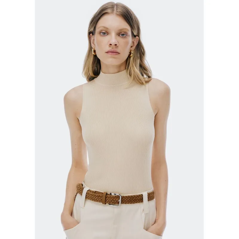Regata Básica Feminina Gola Alta Em Tricô Canelado - Creme XG