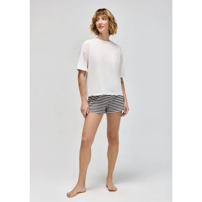 Pijama Curto Feminino Shorts Fio Tinto - Creme M