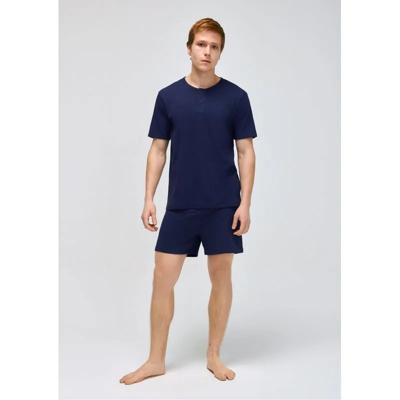 Pijama Curto Masculino Gola Henley - Azul XXG