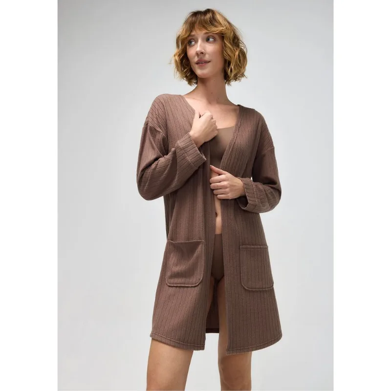 Robe Manga Longa Em Tricô - Marrom G