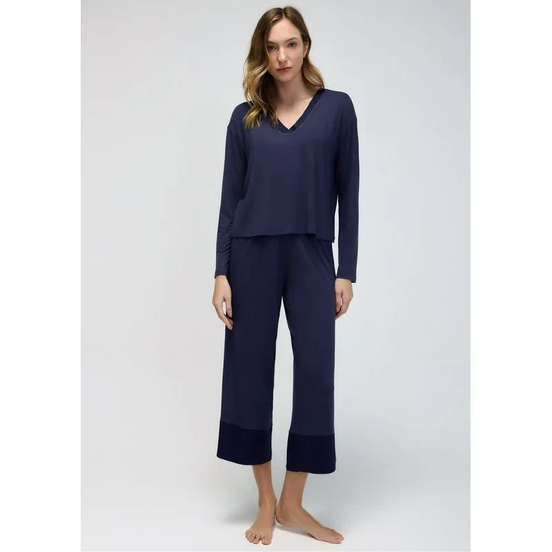 Pijama Longo Feminino Em Viscose - Azul XG