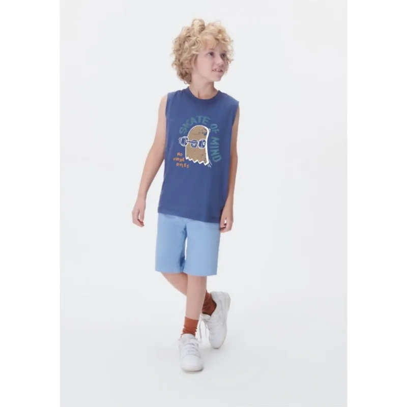 Regata Infantil Menino Em Malha De Algodão Com Estampa - Azul 006
