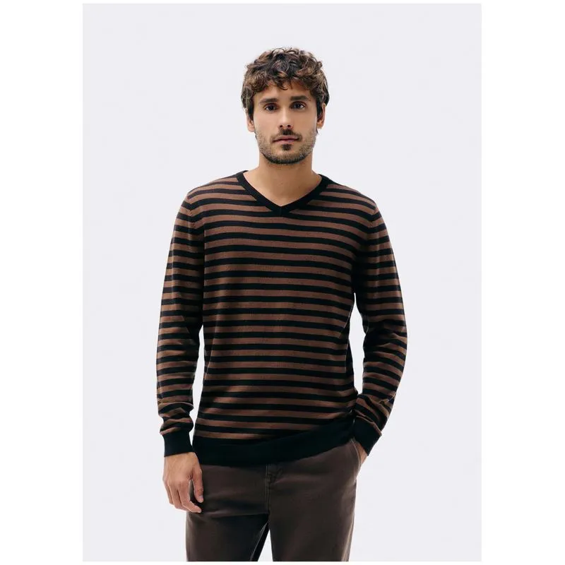 Suéter Masculino Listrado Gola V Em Tricô - Marrom G