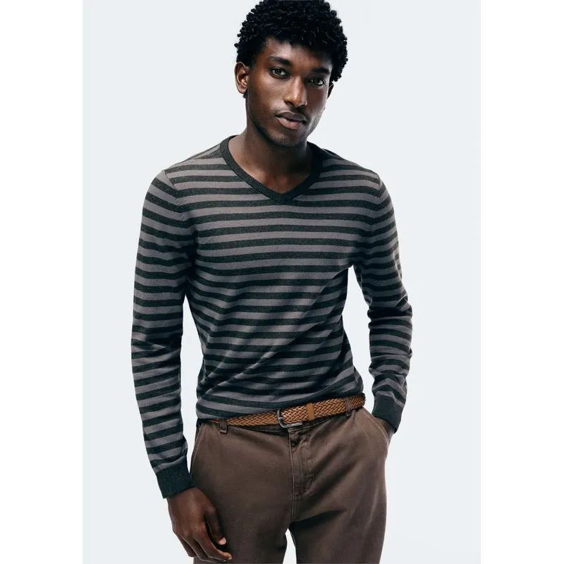 Suéter Masculino Listrado Gola V Em Tricô - Cinza XXG