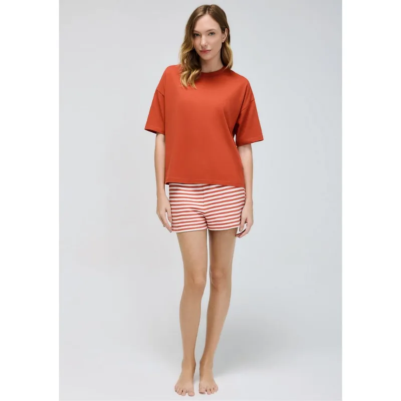 Pijama Curto Feminino Shorts Fio Tinto - Laranja XG