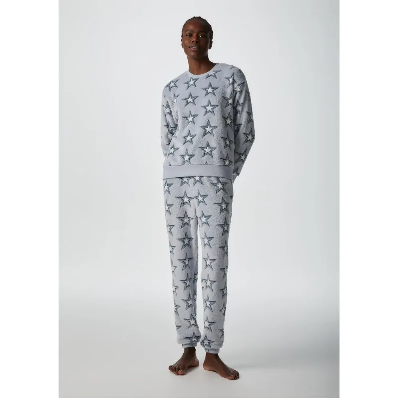 Pijama Longo Feminino Em Fleece Estrelas - Azul P