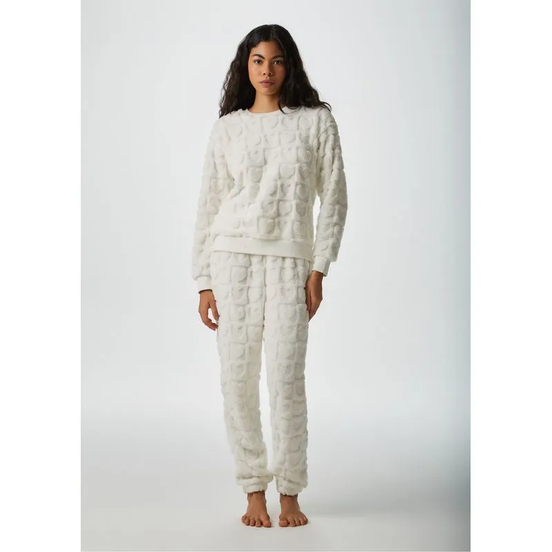Pijama Longo Feminino Em Fleece Estrelas - Off white XG