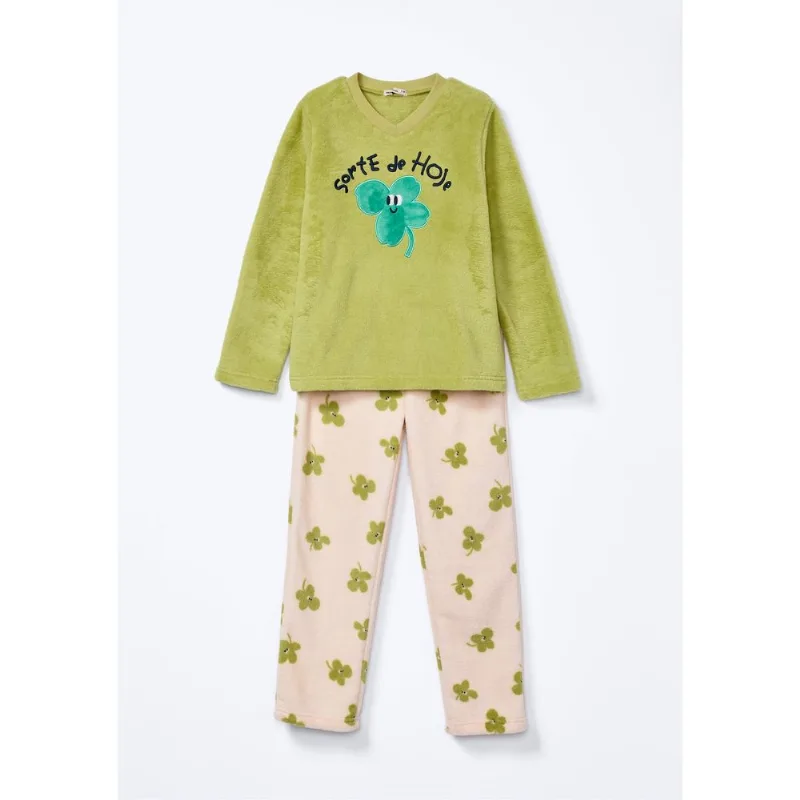 Pijama Infantil Menina Longo Estampado Em Fleece - Verde 014