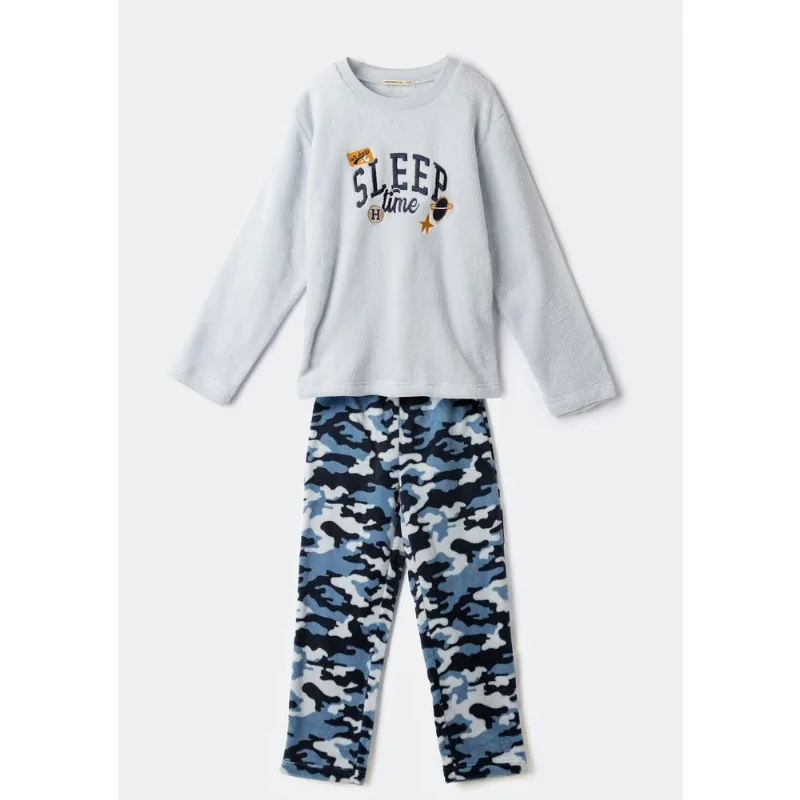 Pijama Infantil Menino Longo Estampado Em Fleece - Azul 010