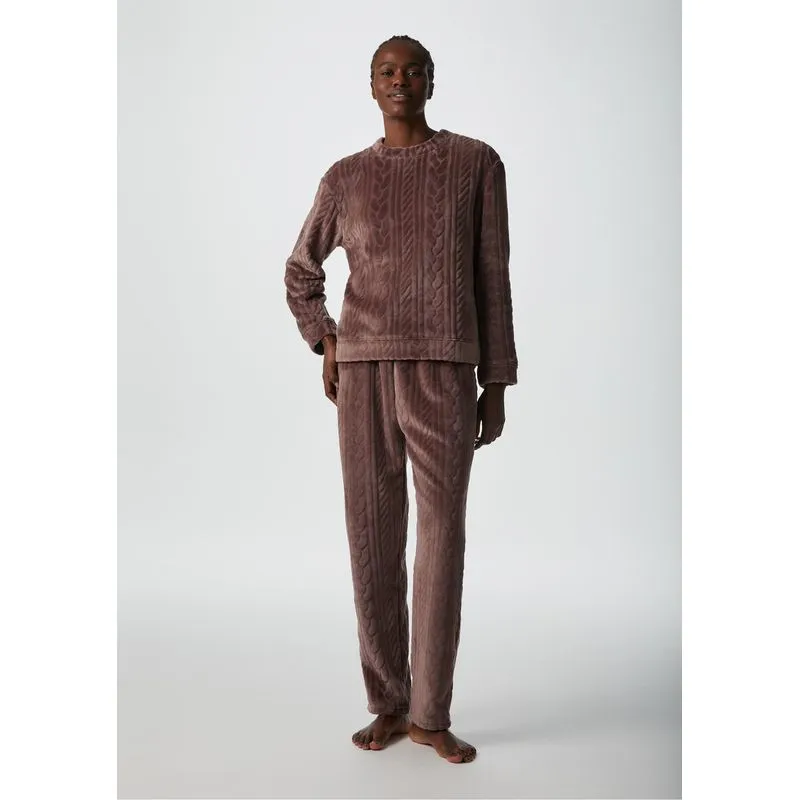 Pijama Longo Feminino Em Fleece - Marrom G