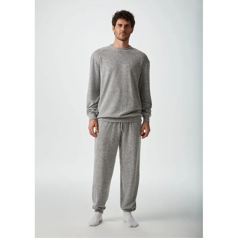 Pijama Longo Masculino Em Tricô Leve - Cinza M