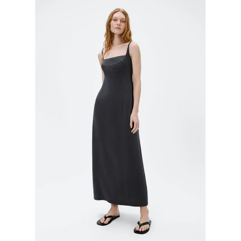 Vestido Midi Alças Finas Em Viscolinho - Cinza M