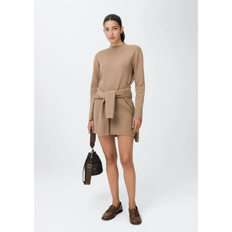 Vestido Curto Manga Longa Em Tricô - Bege G