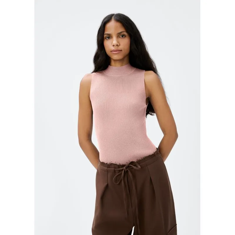 Regata Básica Feminina Gola Alta Em Tricô Canelado - Rosa XG
