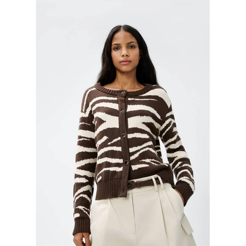 Cardigan Feminino Em Tricô Animal Print - Marrom G