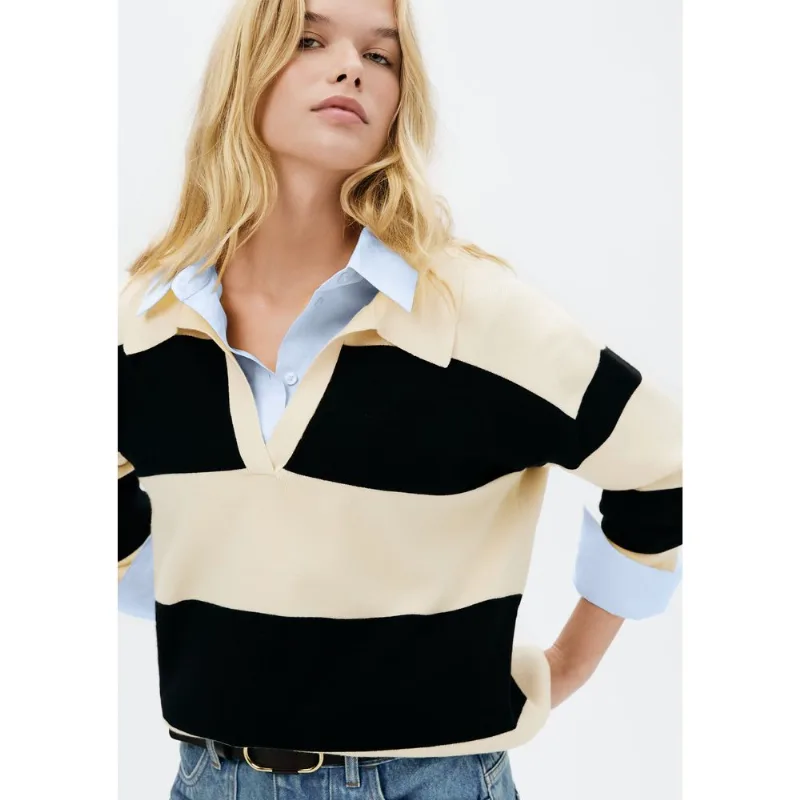 Blusão Polo Feminino Oversized Listrado - Preto G