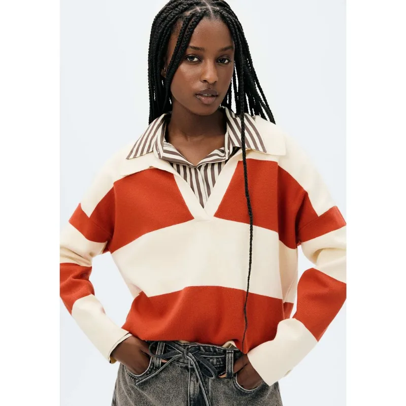 Blusão Polo Feminino Oversized Listrado - Laranja XG
