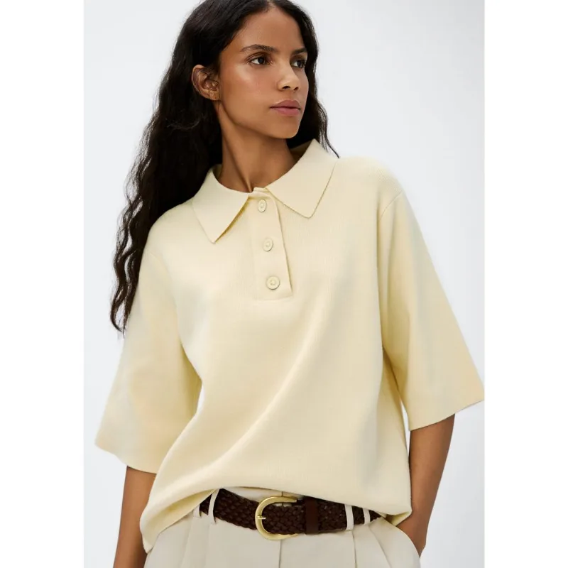 Blusa Polo Feminina Manga Curta Box Em Tricô - Amarelo G