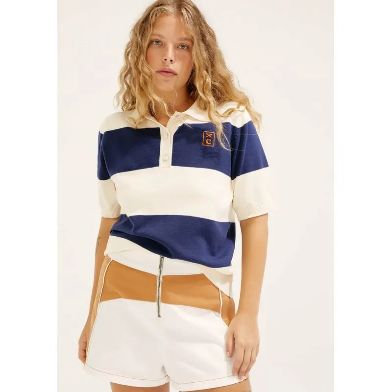 Camisa Polo Listrada Em Tricô Hering + Cosmo - Azul M