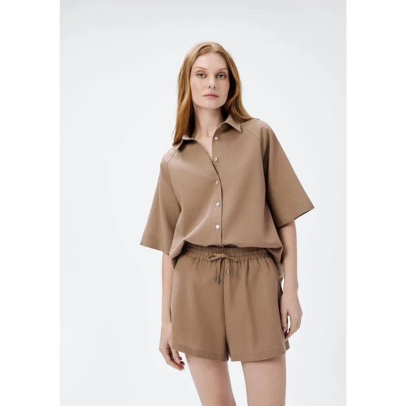 Shorts Feminino Evasê Cós Elástico - Marrom 038