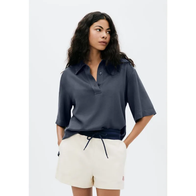 Camisa Polo Feminina Em Viscose Creponada - Azul P
