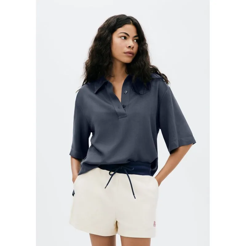 Camisa Polo Feminina Em Viscose Creponada - Azul XG