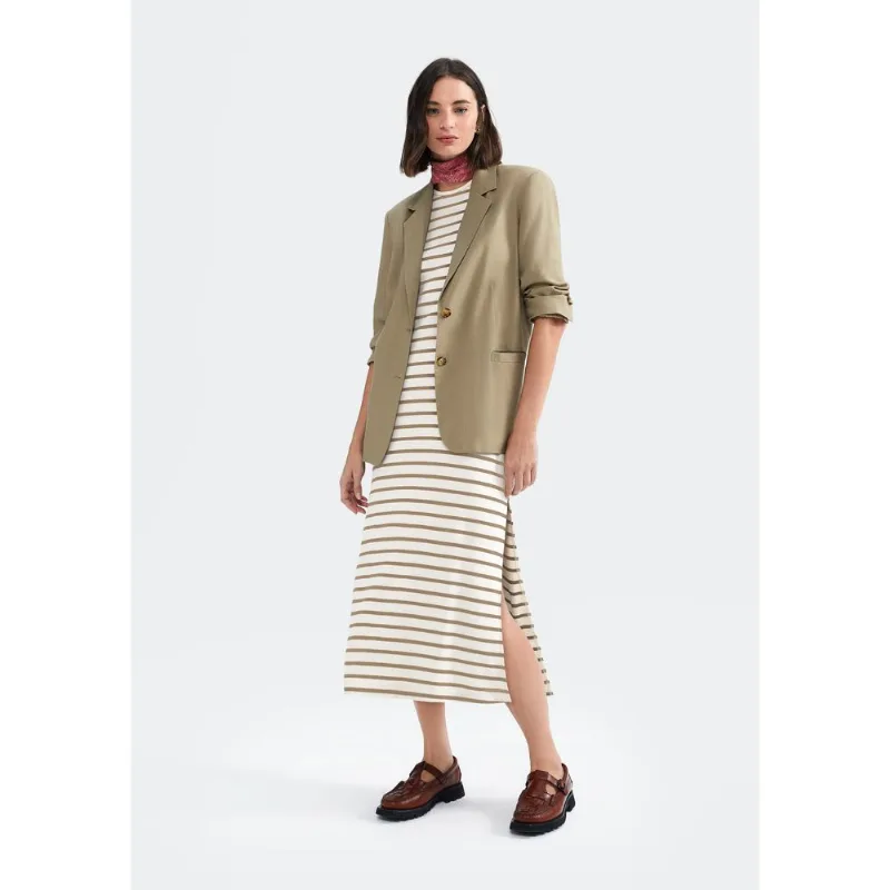 Vestido Midi Listrado Com Fenda - Bege G