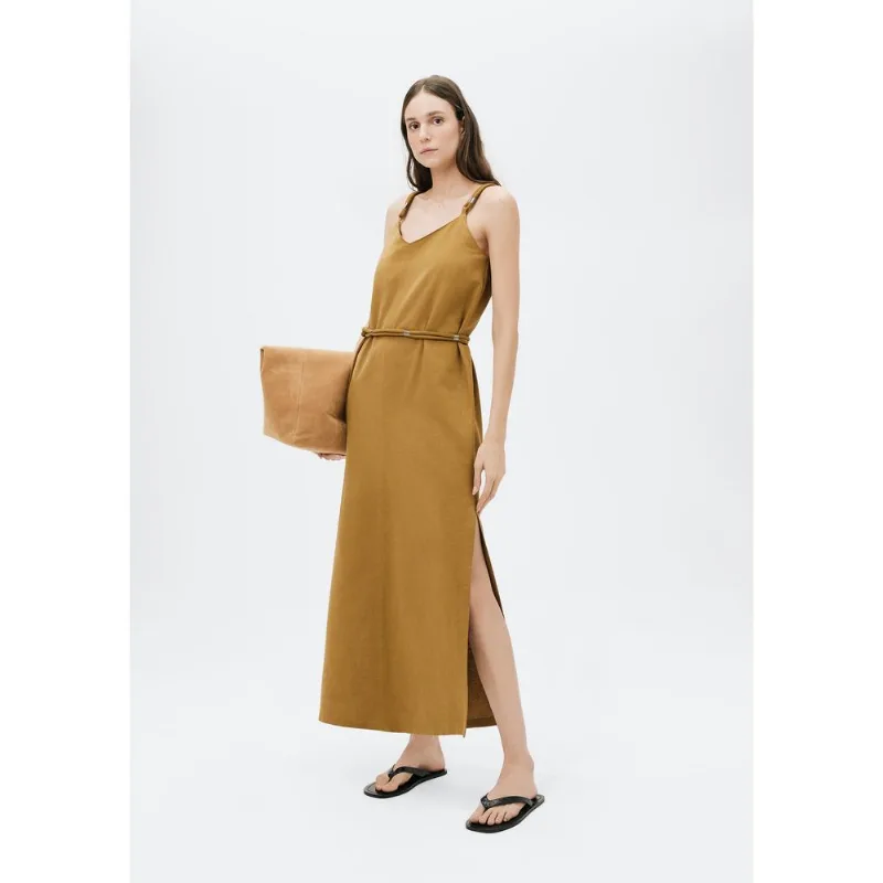 Vestido Midi Decote V Com Cinto - Caqui XG