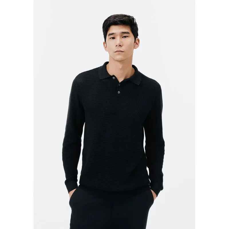 Suéter Gola Polo Masculino Em Tricô Telado - Preto M