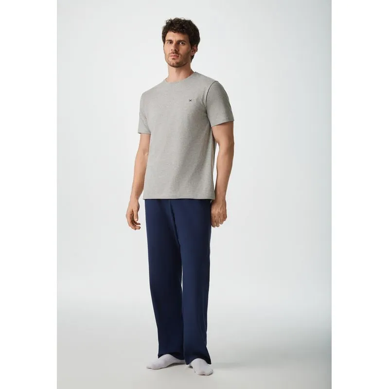 Pijama Longo Masculino Manga Curta Com Bordado - Cinza XG