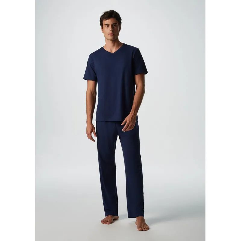 Pijama Longo Masculino Em Malha Flamê - Azul M