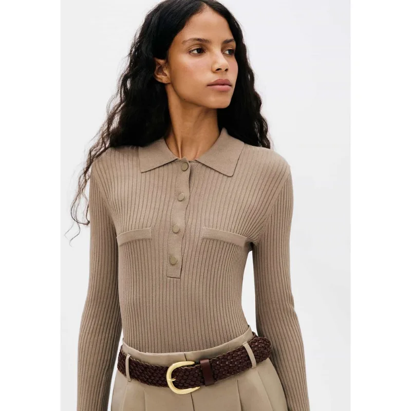 Blusa Polo Feminina Manga Longa Em Ribana - Bege M
