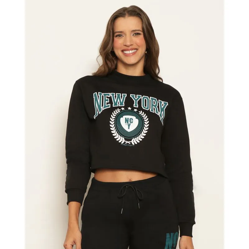 Blusa Moletom Feminino Peluciado Cropped Estampa New York Preta M