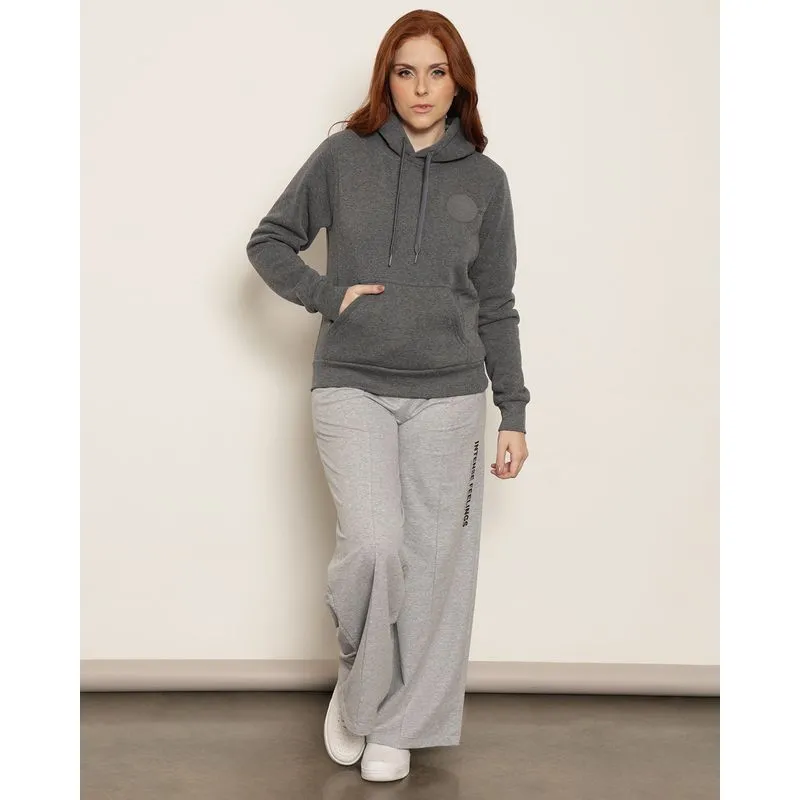Calça Feminina Moletinho Wide Leg Frisos Com Estampa Cinza M