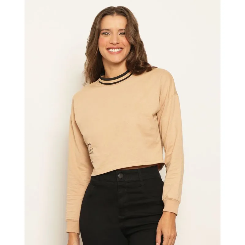 Blusa Feminina Manga Longa Cropped Estampa Frontal Bege M