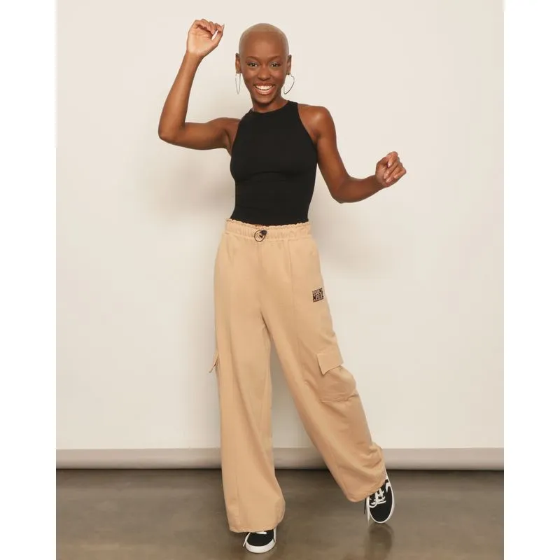 Calça Feminina Wide Leg Bolso Cargo Bege G