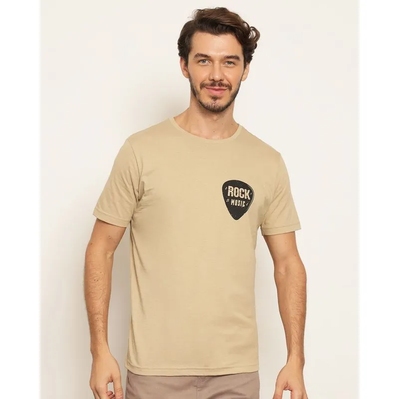 Camiseta Masculina Estampa Rock Manga Curta Bege P