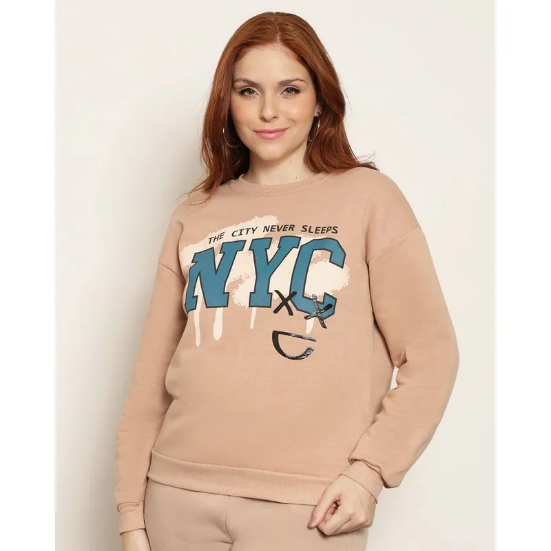 Blusão Feminino Moletinho Estampa NYC Bege G