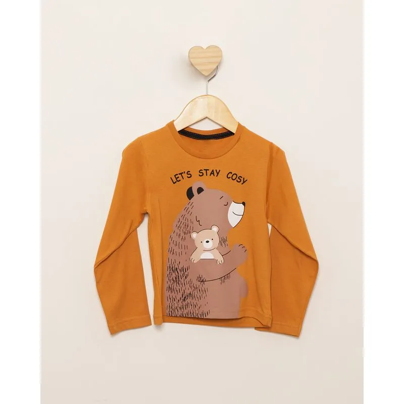 Camiseta Bebê Estampa Urso Manga Longa Mostarda 3