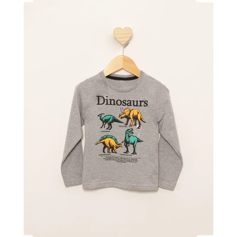 Camiseta Bebê Estampa Dinossauros Longa Cinza 1