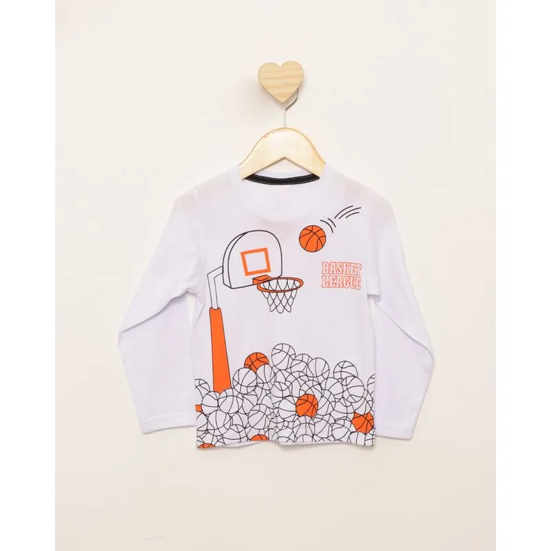 Camiseta Bebê Estampa Bola Basquete Longa Branca 1