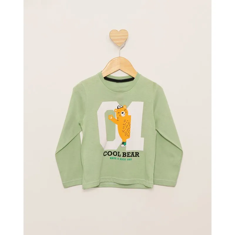Camiseta Bebê Estampa Urso Manga Longa Verde 1