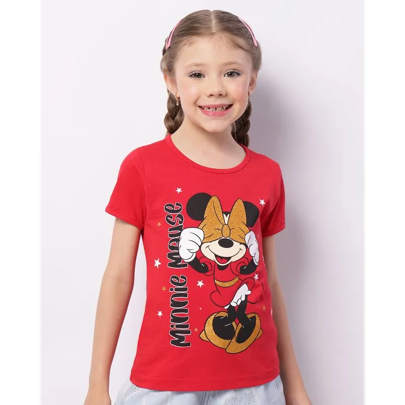 Camiseta Infantil Disney Minnie Glitter Manga Curta Vermelha 6