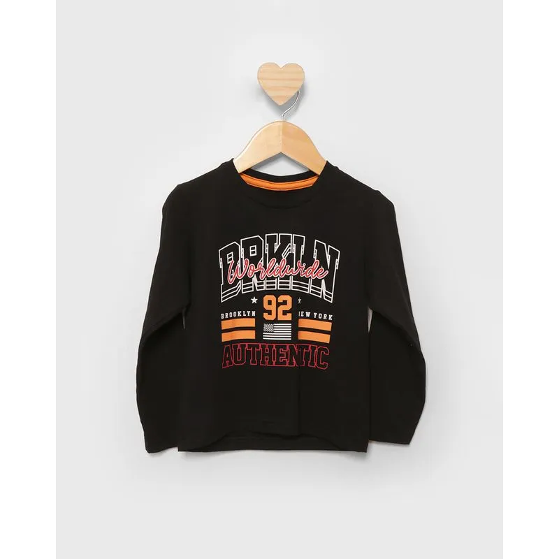 Camiseta Bebê Estampa Broklyn Manga Longa Preta 2
