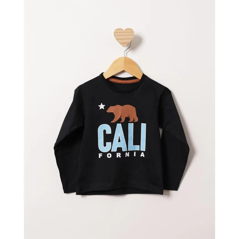 Camiseta Bebê Estampa Califórnia Manga Longa Preta 2